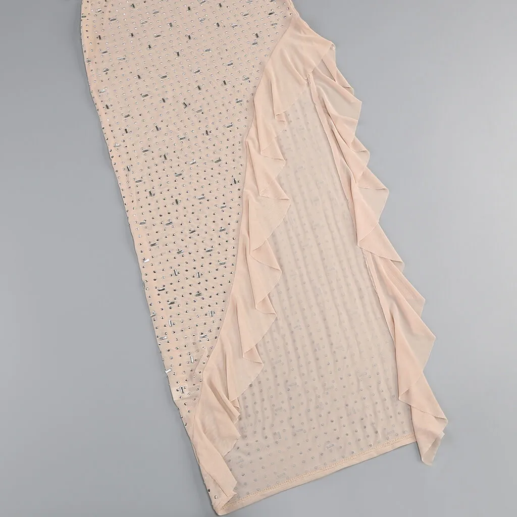 Glitter Rhinestone Cowl Neck Sleeveless Ruffle Slit Sheer Mesh Maxi Dress
