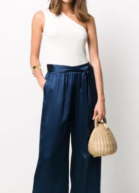 Gold Hawk Slit Silk Wide-Leg Pant - Navy