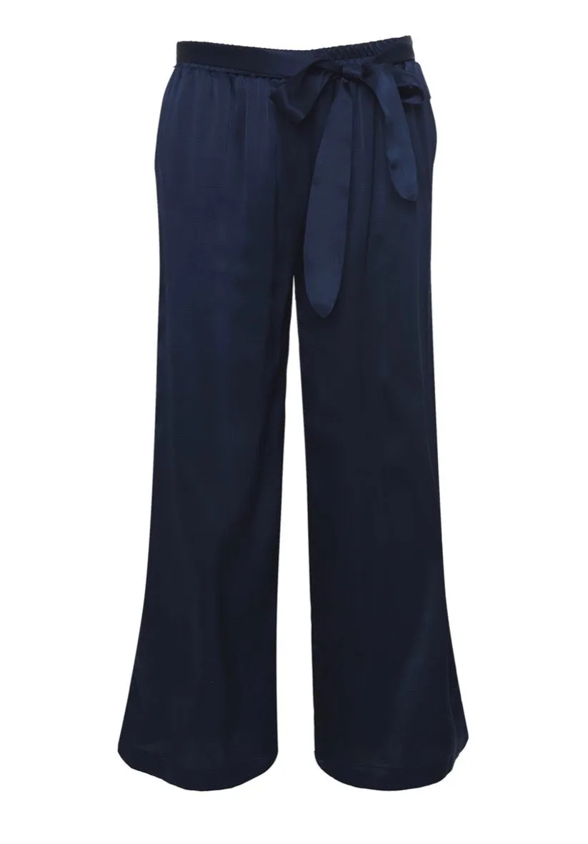 Gold Hawk Slit Silk Wide-Leg Pant - Navy