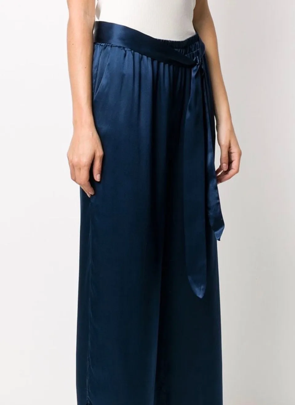 Gold Hawk Slit Silk Wide-Leg Pant - Navy
