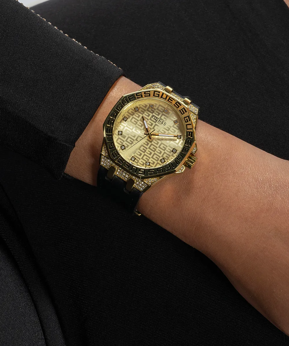 GUESS Ladies Black Gold Tone Analog Watch
