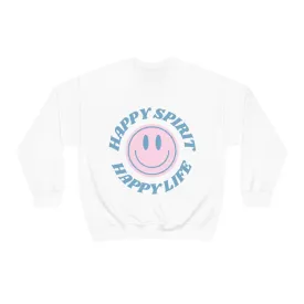 Happy Spirit Happy Life Sweatshirt, VSCO Girl Crewneck, Oversized Retro Font Graphic Tumblr, Front Print Smile Face Trendy Cover Up Top
