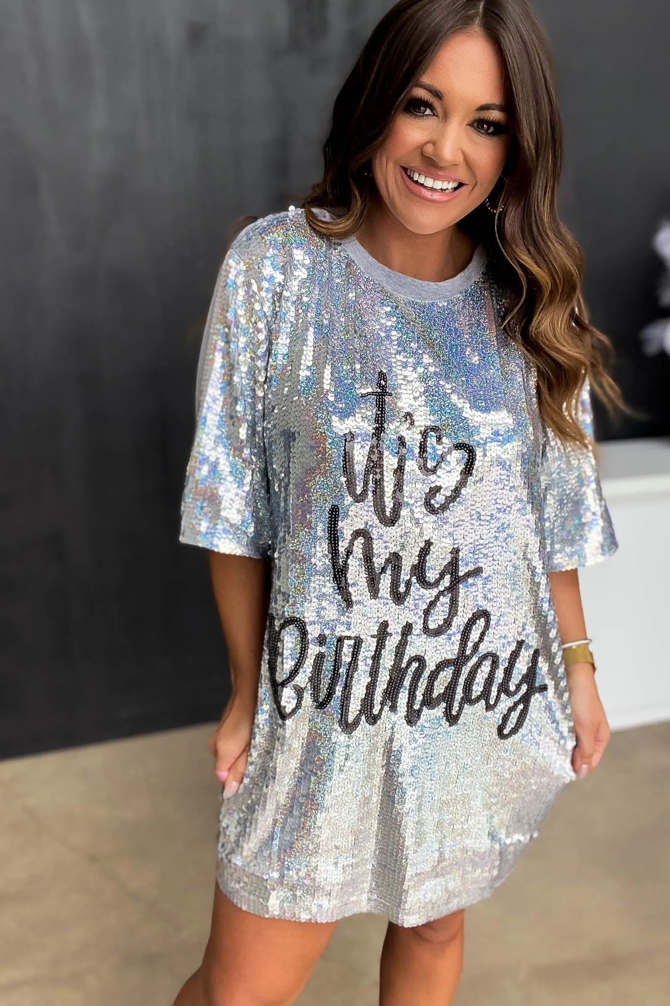 IT'S MY BIRTHDAY SILVER SEQUIN T-SHIRT DRESS