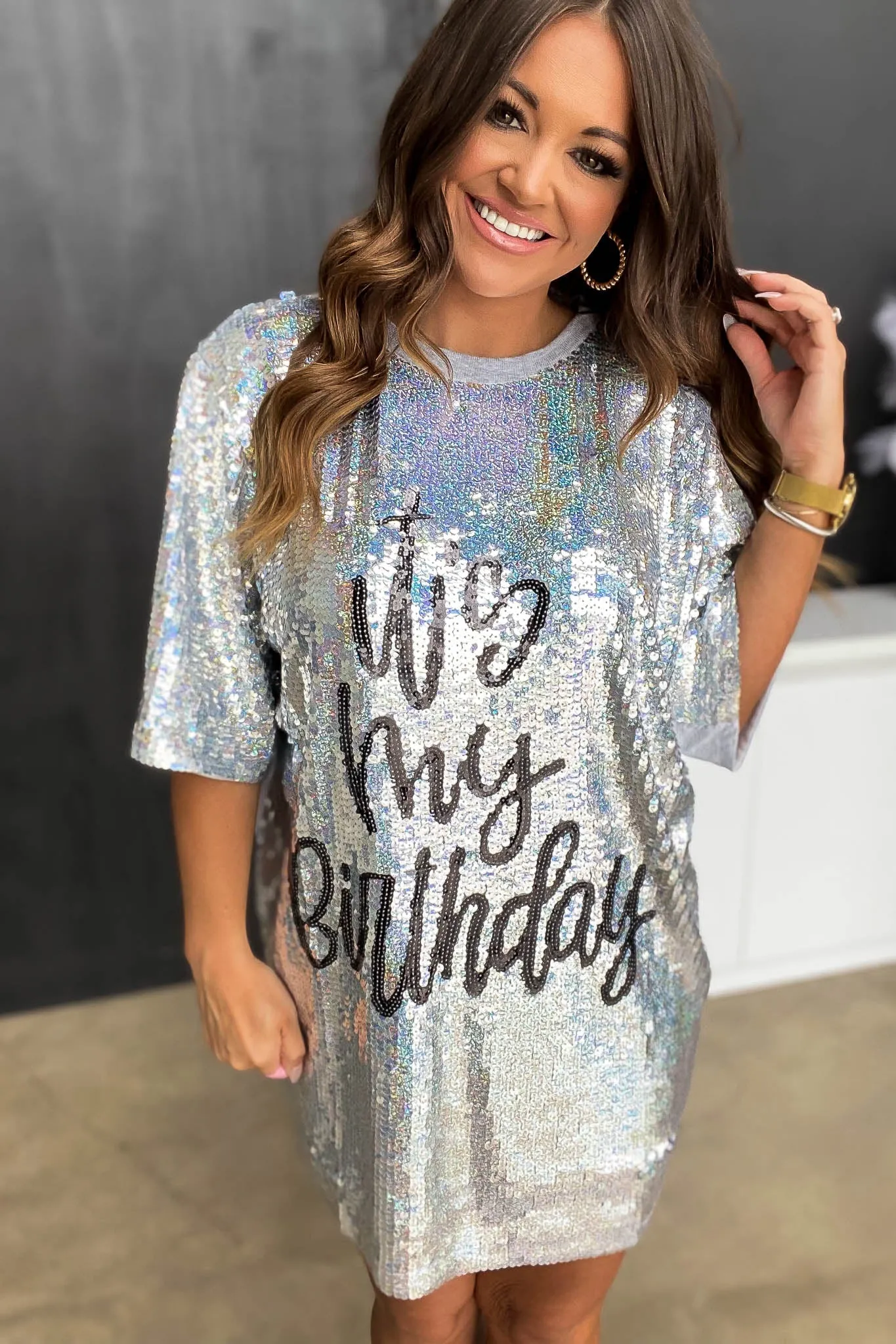 IT'S MY BIRTHDAY SILVER SEQUIN T-SHIRT DRESS