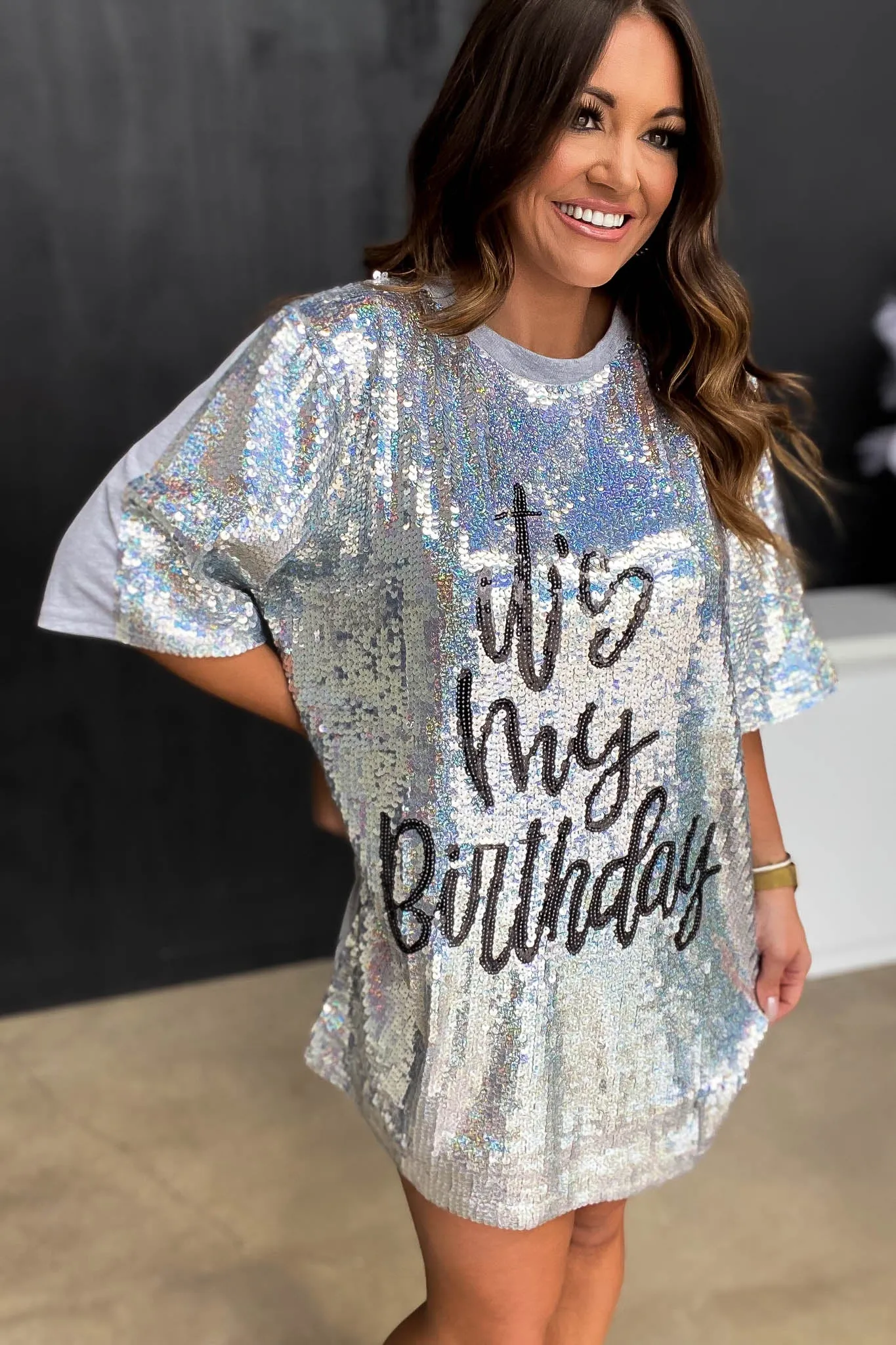 IT'S MY BIRTHDAY SILVER SEQUIN T-SHIRT DRESS