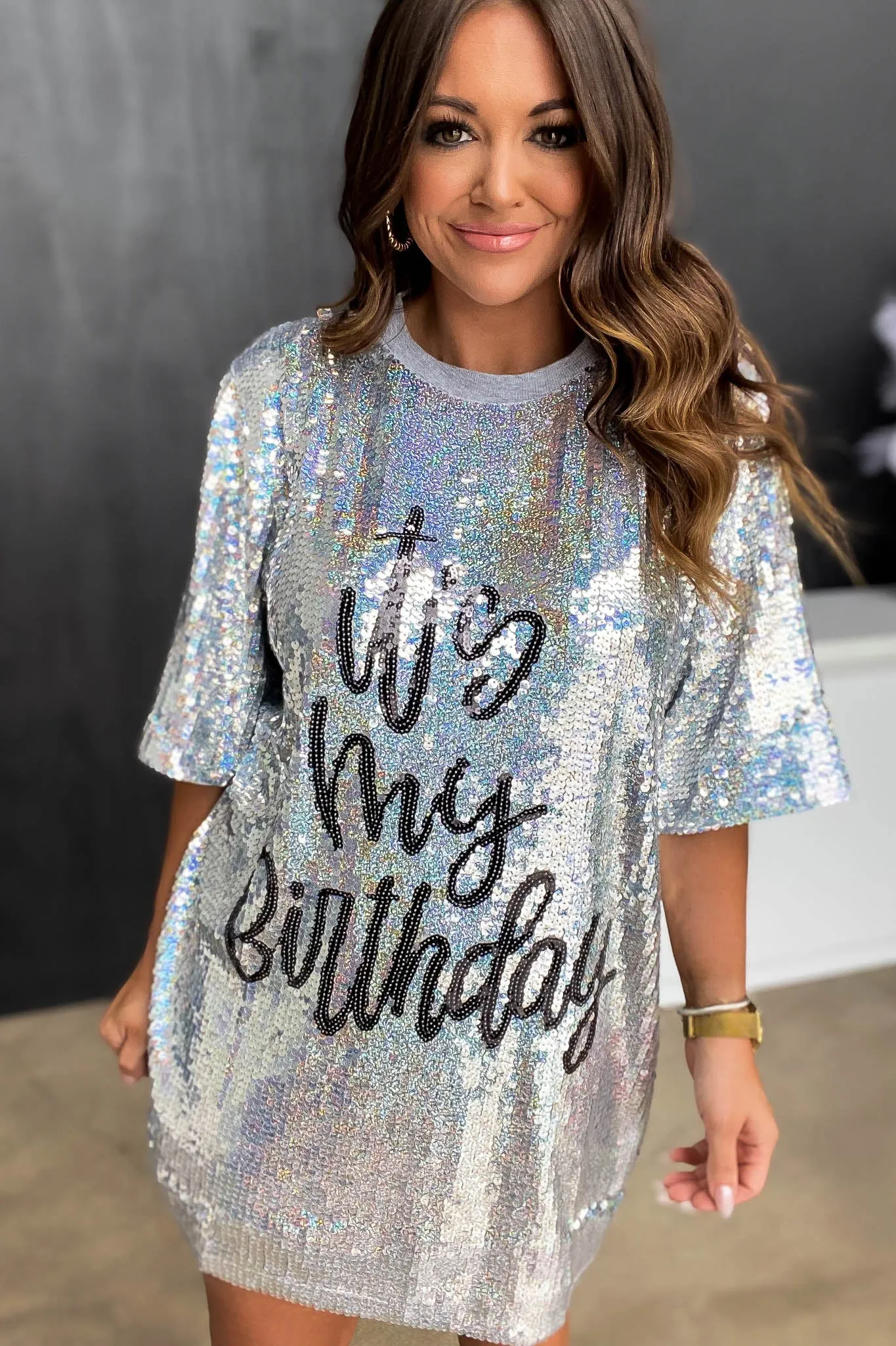 IT'S MY BIRTHDAY SILVER SEQUIN T-SHIRT DRESS