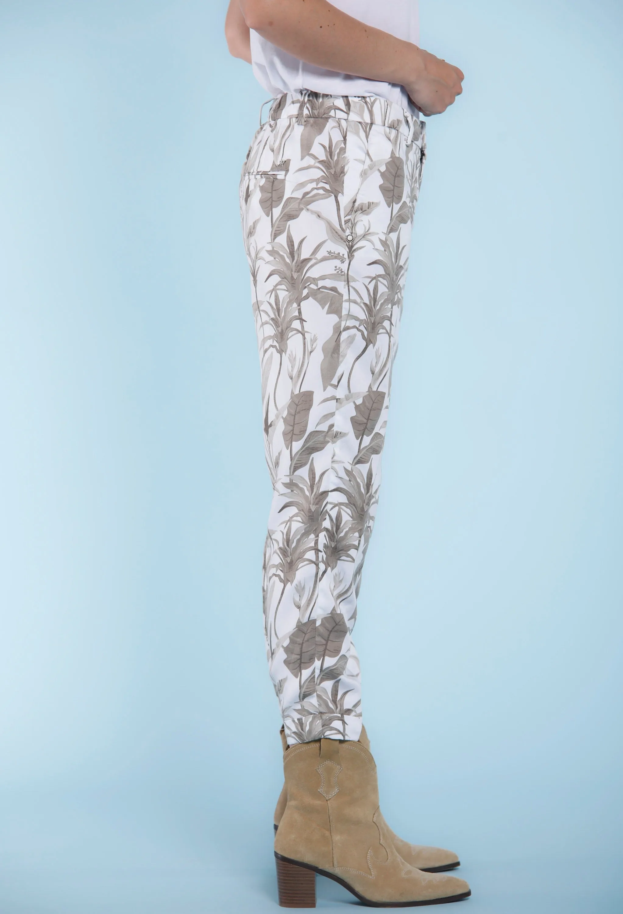 Linda Summer pantalone chino donna in tencel stampa palme relaxed