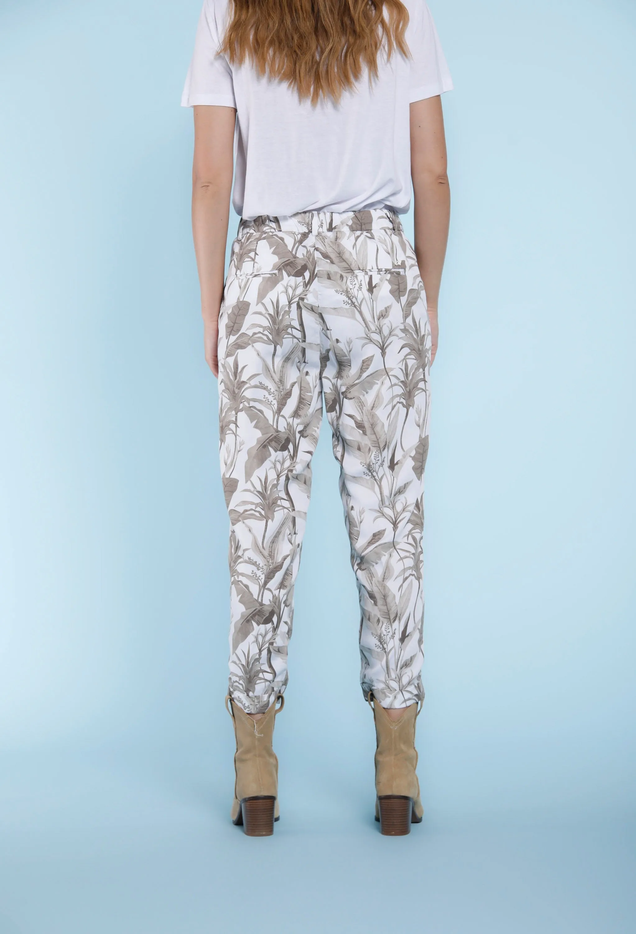 Linda Summer pantalone chino donna in tencel stampa palme relaxed