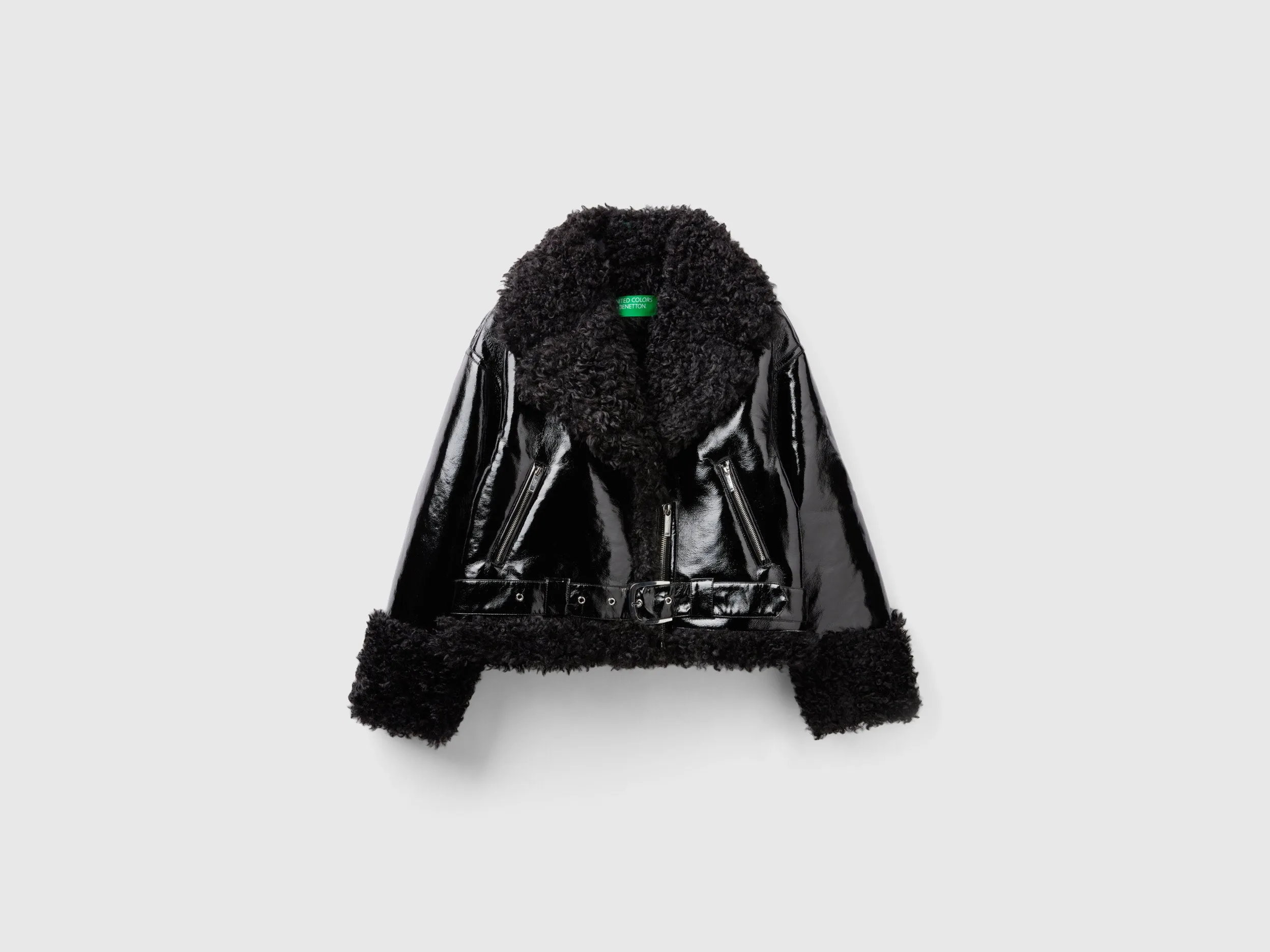 Loose Fit Lapel Neck Faux Fur Inside Black Imitation Leather Jacket