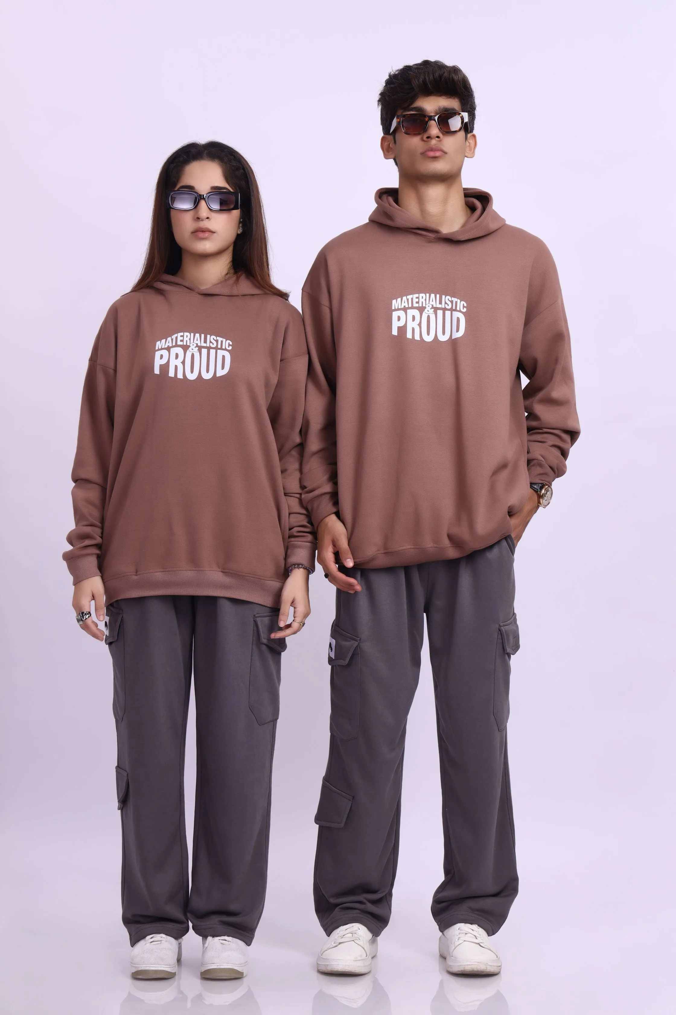 Materialistic & Proud Brown Oversized Hoodie