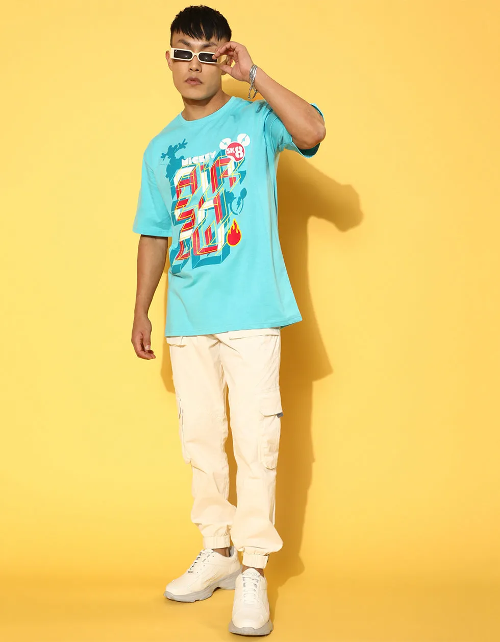 Mickey Blue Oversized Chest Graphic Printed Tshirt