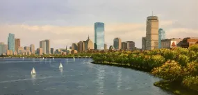 "Charles River Panorama" by Neil McAuliffe - Realist Boston Skyline Oil Painting