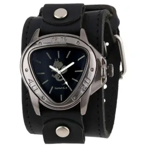 Silver Dragon Gunmetal Black Watch with Stitched Black Leather Cuff