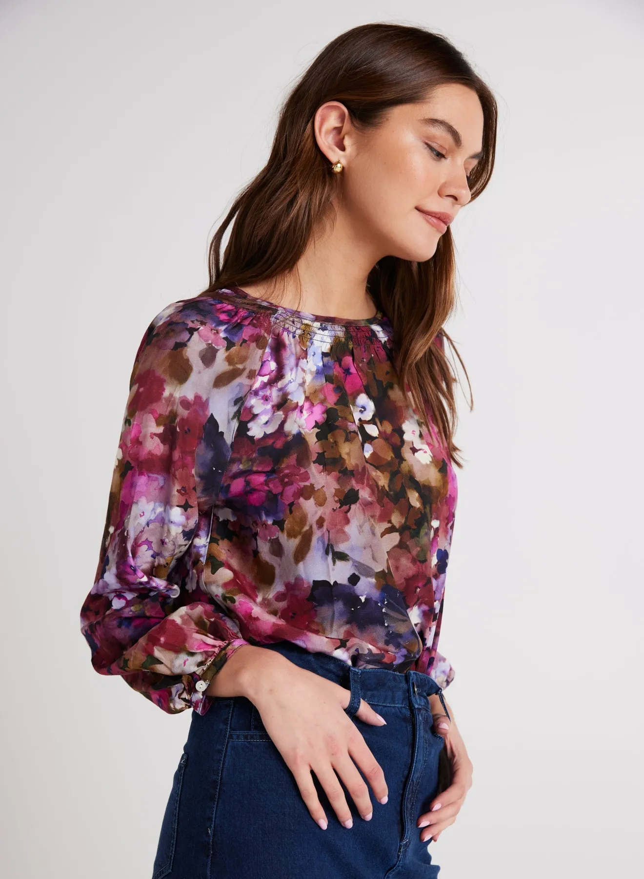 Smocked Neck Raglan Sleeve Top - Twilight Fleur Print