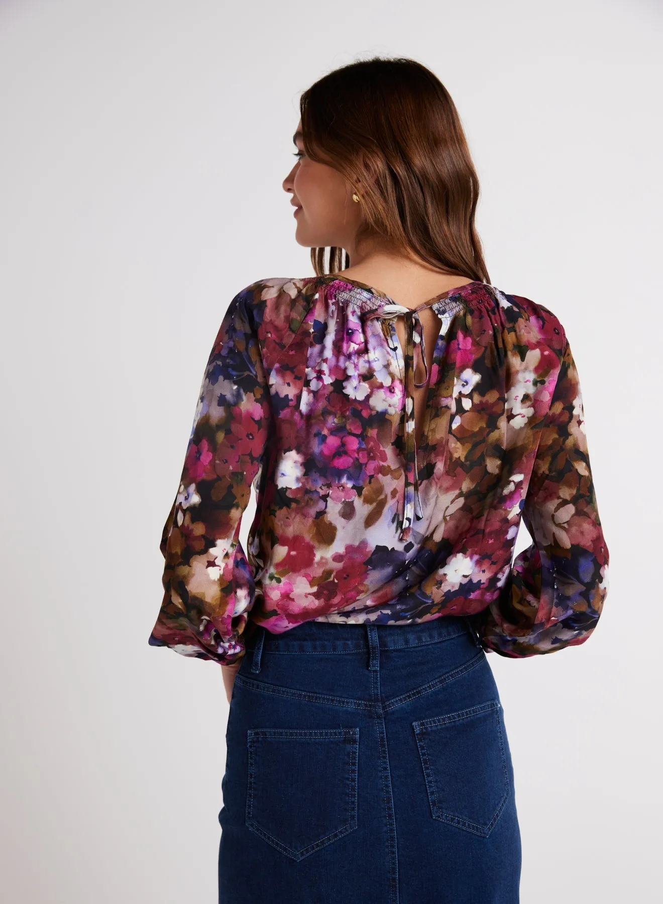 Smocked Neck Raglan Sleeve Top - Twilight Fleur Print
