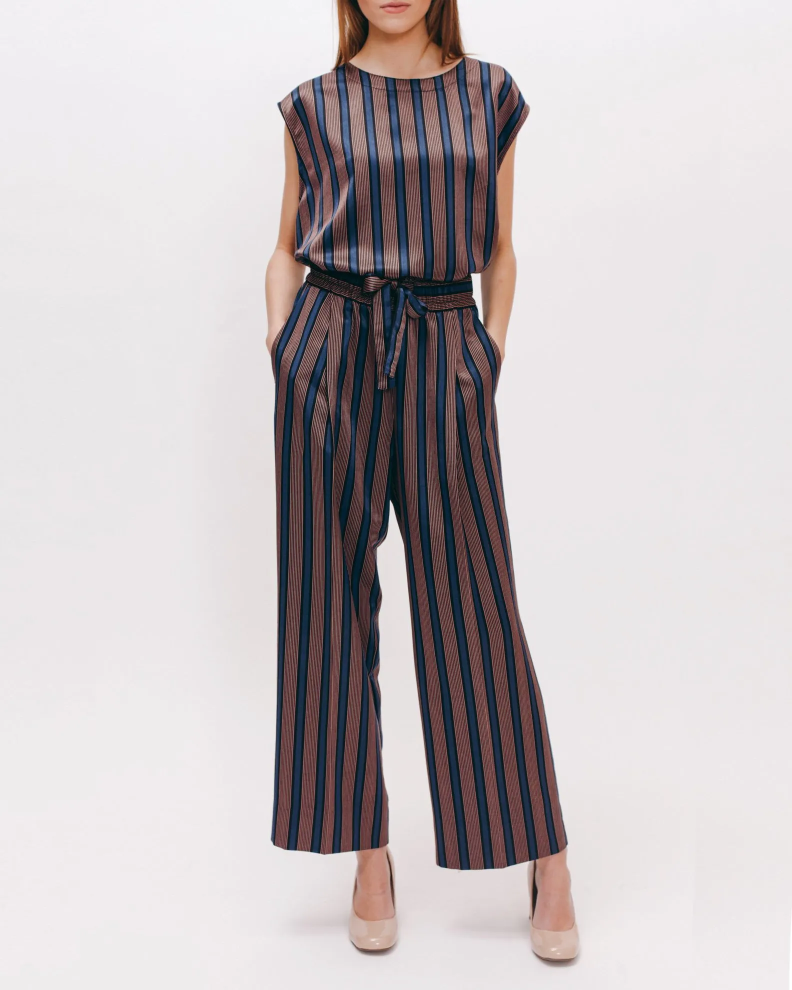 Stripe Rayon Long Trouser - Navy W