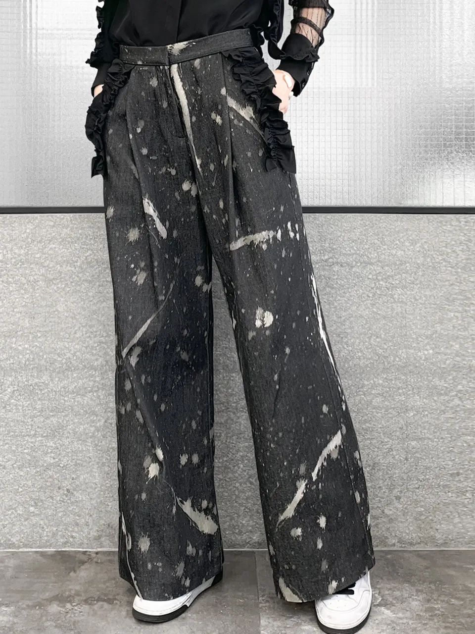 Surprise Sale! Inky Denim Ruffle Trimmed Pocket Wide Leg Trousers