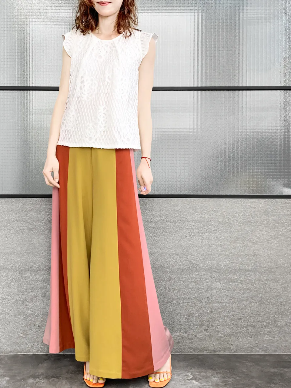 Surprise Sale! Scalloped Waist Colour Blocking Wide Leg Trousers