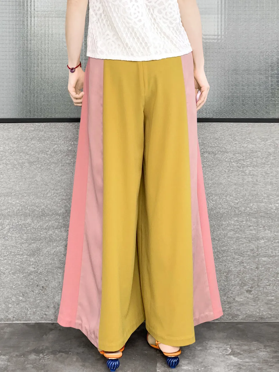 Surprise Sale! Scalloped Waist Colour Blocking Wide Leg Trousers