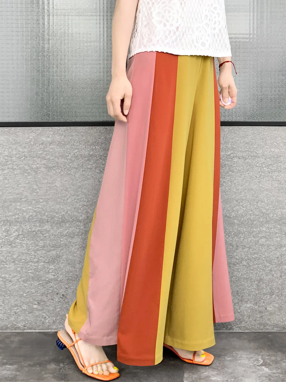 Surprise Sale! Scalloped Waist Colour Blocking Wide Leg Trousers
