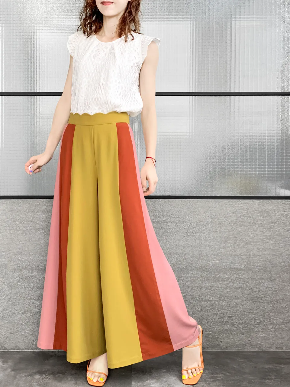 Surprise Sale! Scalloped Waist Colour Blocking Wide Leg Trousers