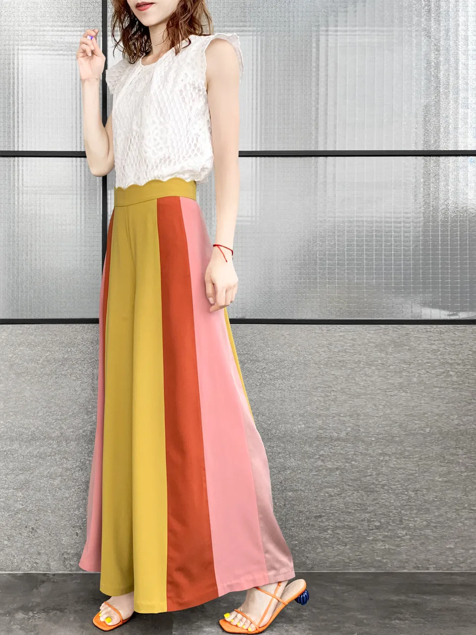 Surprise Sale! Scalloped Waist Colour Blocking Wide Leg Trousers