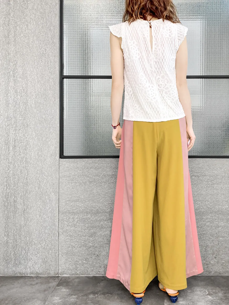 Surprise Sale! Scalloped Waist Colour Blocking Wide Leg Trousers