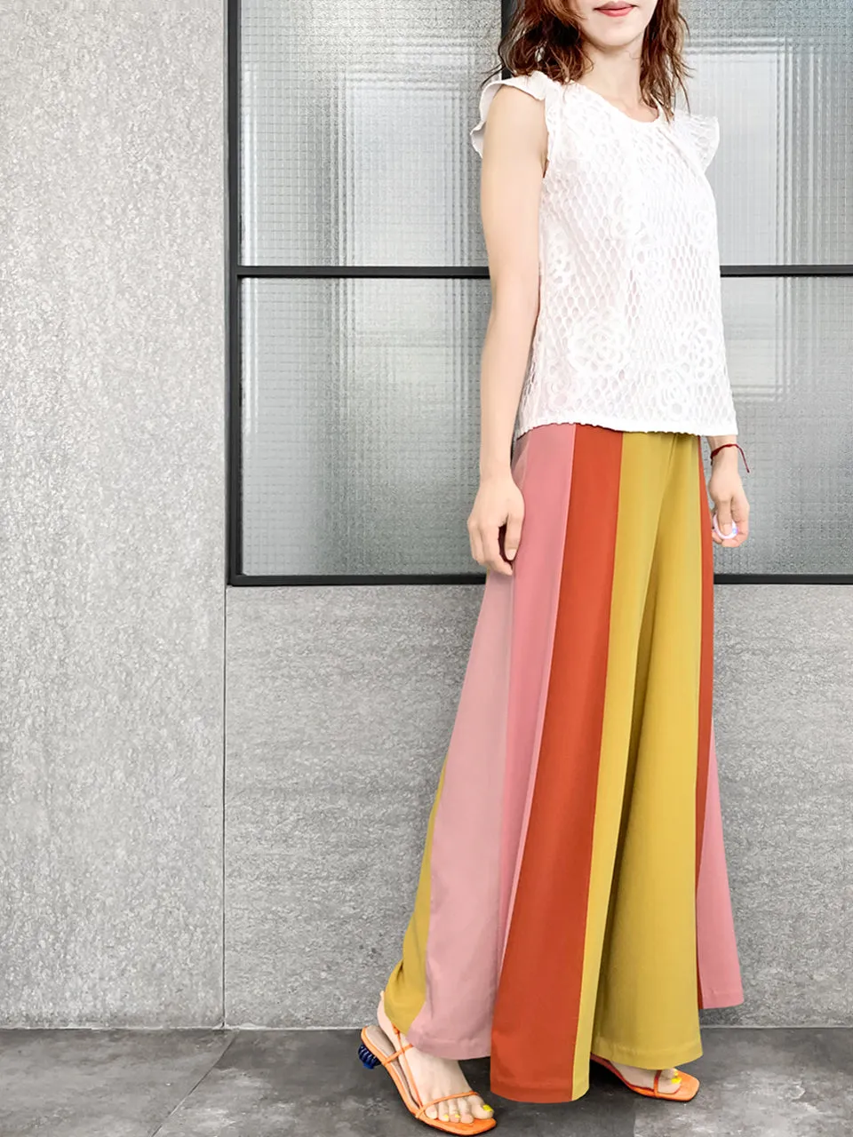 Surprise Sale! Scalloped Waist Colour Blocking Wide Leg Trousers