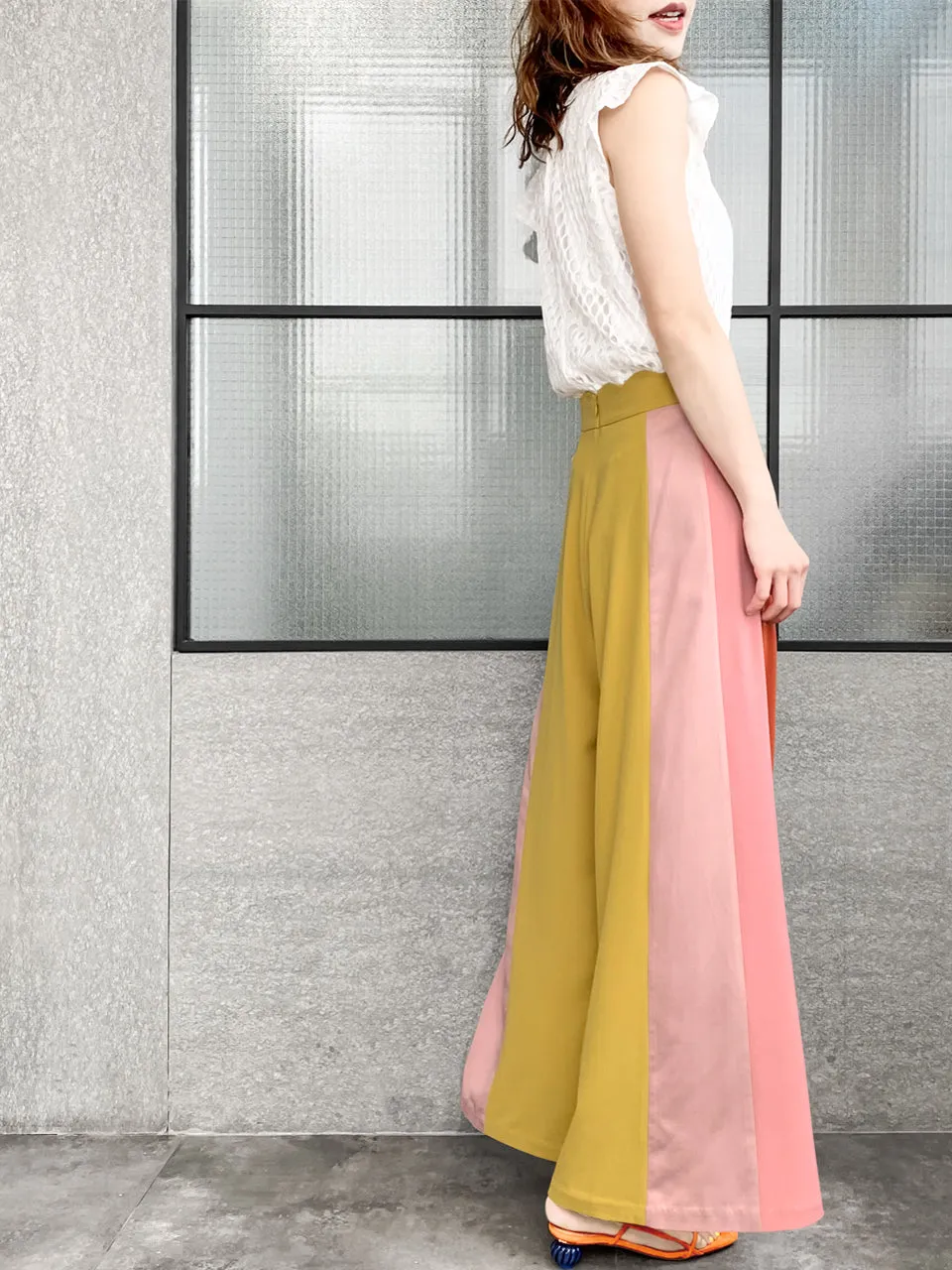 Surprise Sale! Scalloped Waist Colour Blocking Wide Leg Trousers