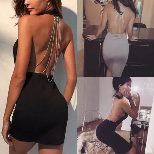 Women Backless Rhinestone Bodycon Mini Dress