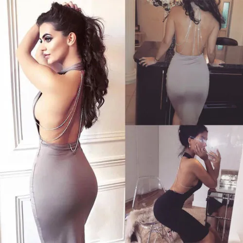 Women Backless Rhinestone Bodycon Mini Dress