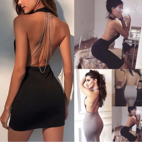Women Backless Rhinestone Bodycon Mini Dress