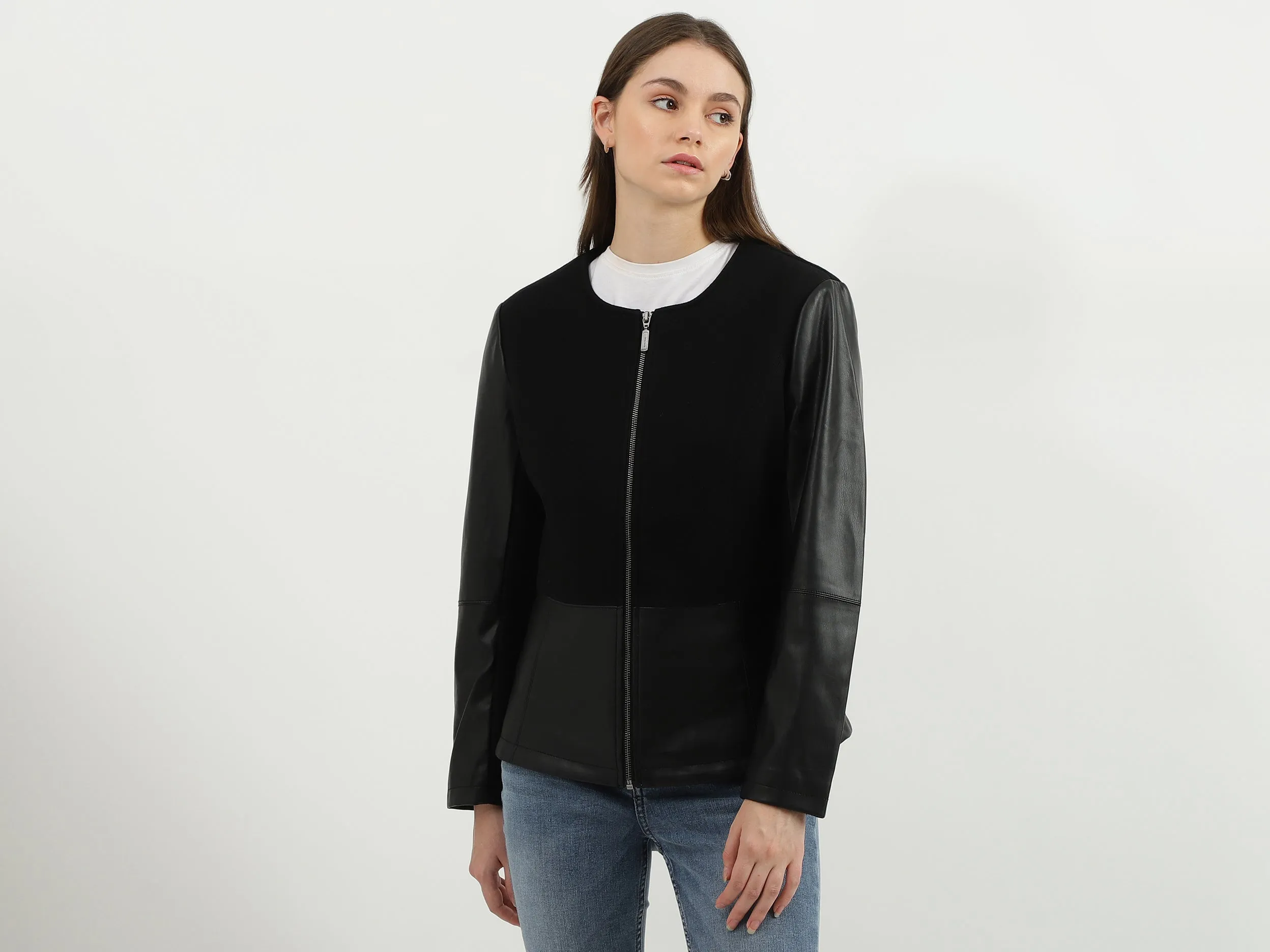 Women Solid Round Neck Jacket