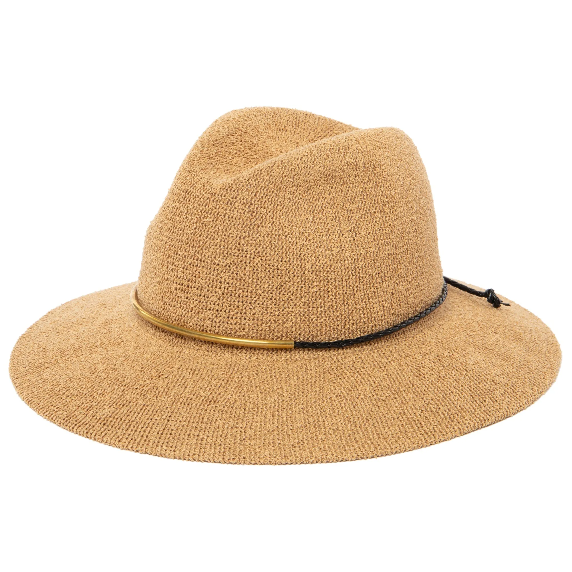 Women's Knit Fedora with Braided Faux Leather and Gold Trim
