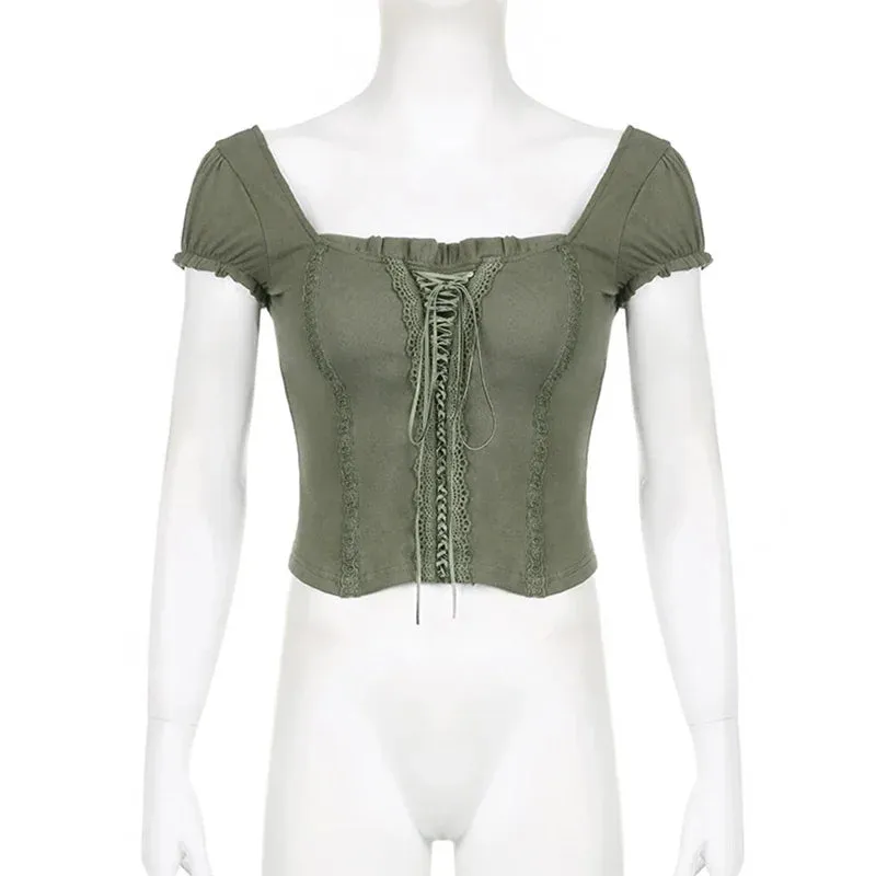 y2k Green Lace Crop Top Trim Square Collar Short Sleeve T Shirt Women Fairycore Balletcore Chic Tee Summer Korean 90s