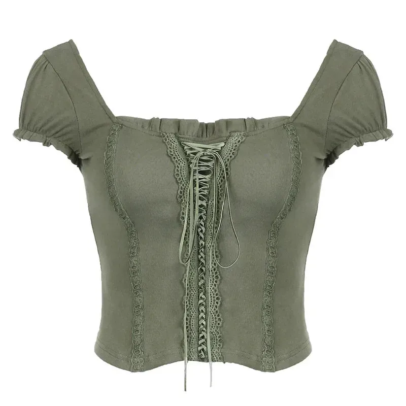 y2k Green Lace Crop Top Trim Square Collar Short Sleeve T Shirt Women Fairycore Balletcore Chic Tee Summer Korean 90s