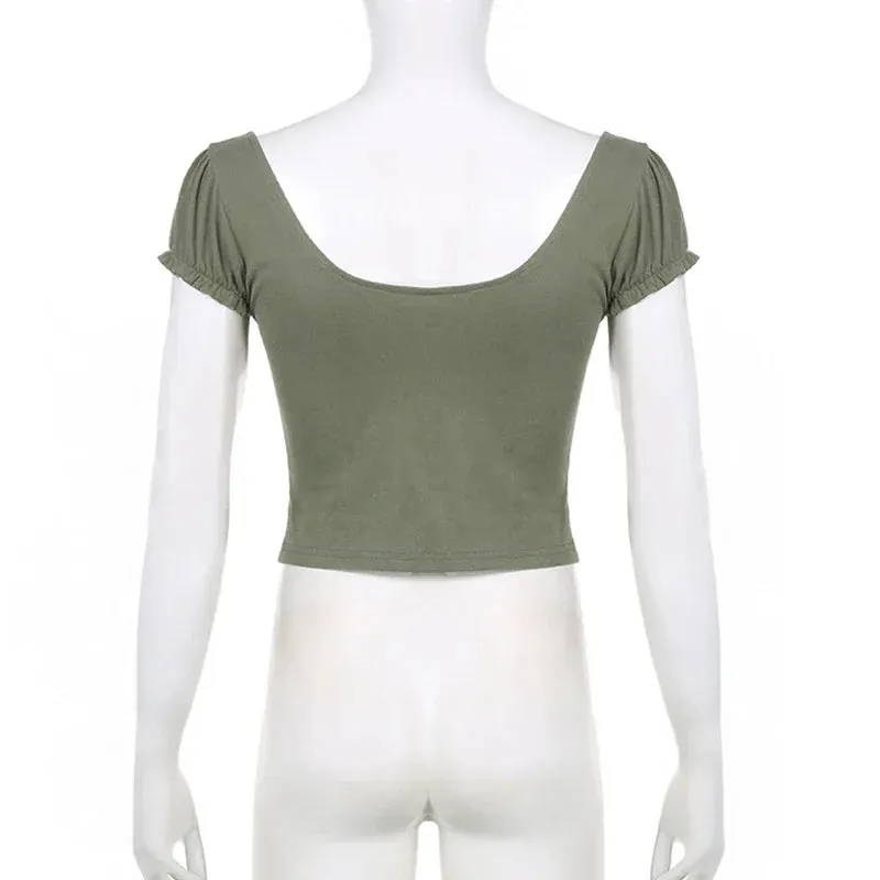 y2k Green Lace Crop Top Trim Square Collar Short Sleeve T Shirt Women Fairycore Balletcore Chic Tee Summer Korean 90s