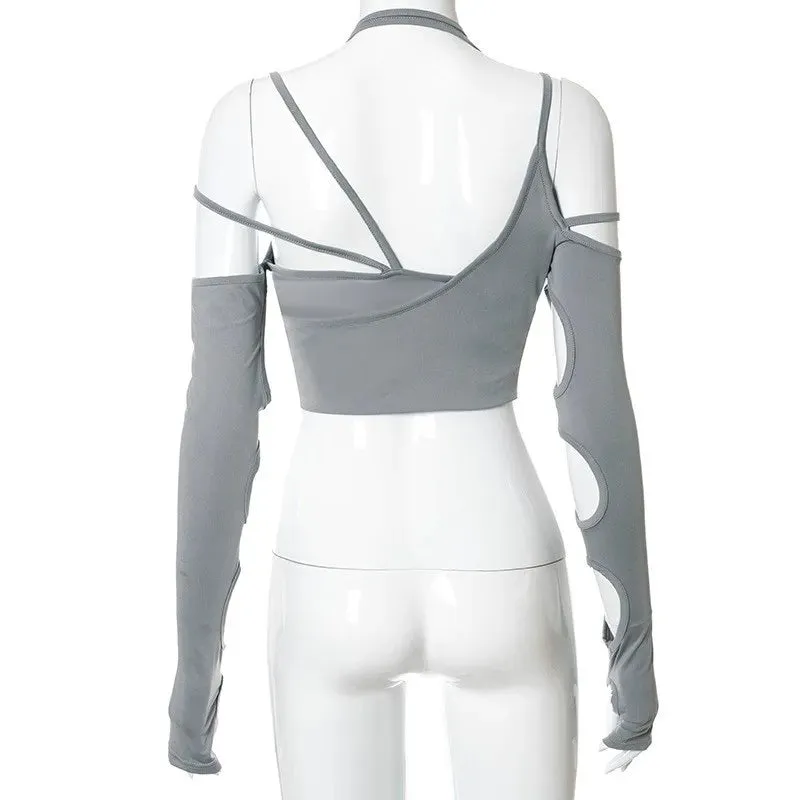 Y2K Sexy Hollow Out Long Sleeve Crop Top – Dark Street Style Camisole for Women