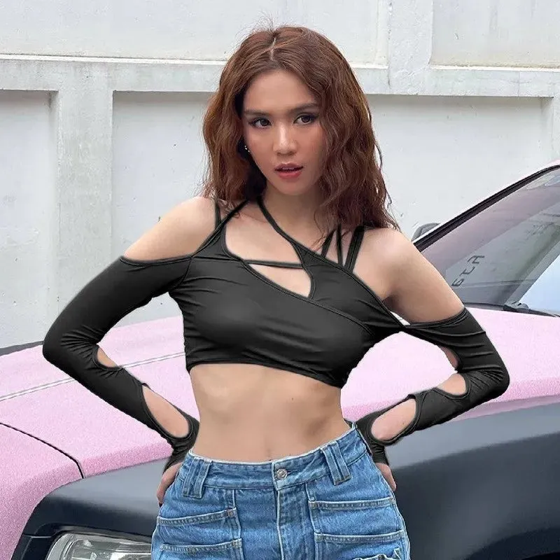 Y2K Sexy Hollow Out Long Sleeve Crop Top – Dark Street Style Camisole for Women