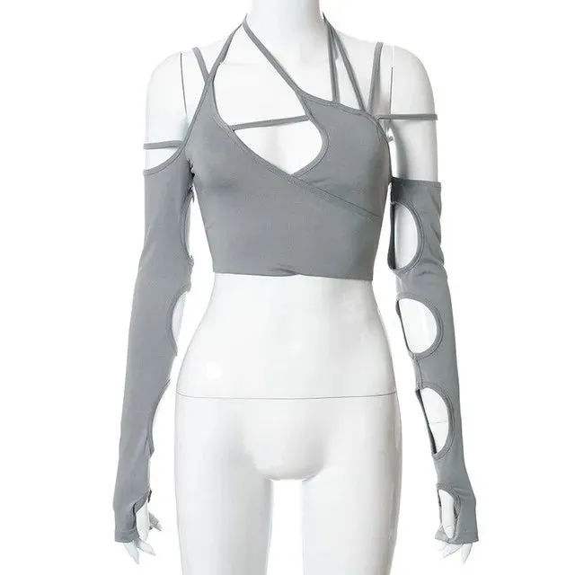Y2K Sexy Hollow Out Long Sleeve Crop Top – Dark Street Style Camisole for Women